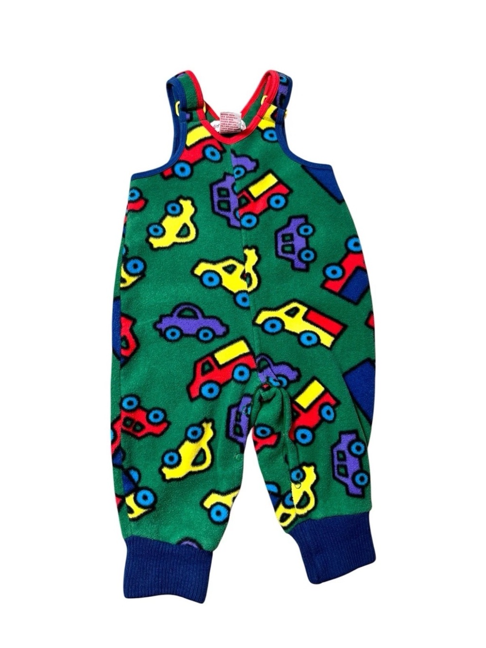 Vintage Gymboree Baby Boys Green Car Print Fleece Overalls Romper